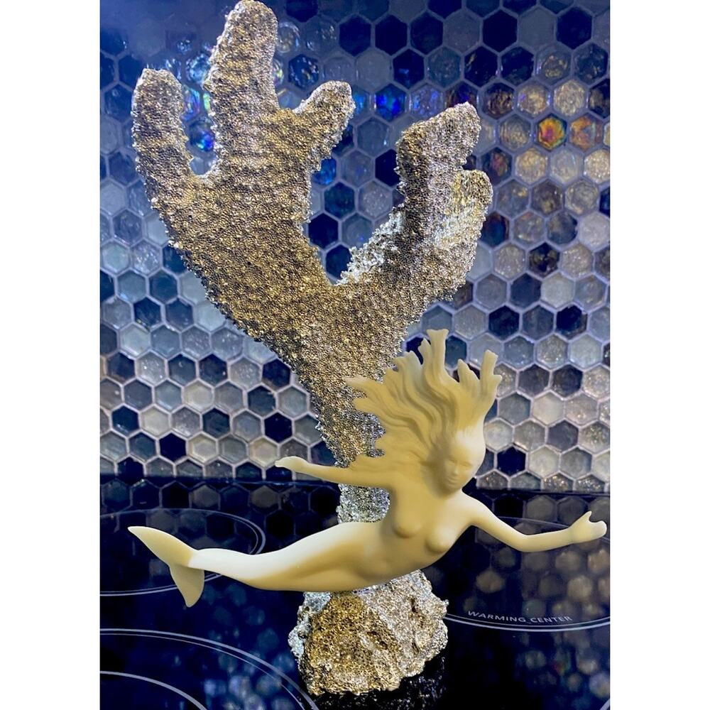 John Perry Studio Mermaid Mounted on Silver Coral Sculpture 10.5"T x 8"W x 5"D